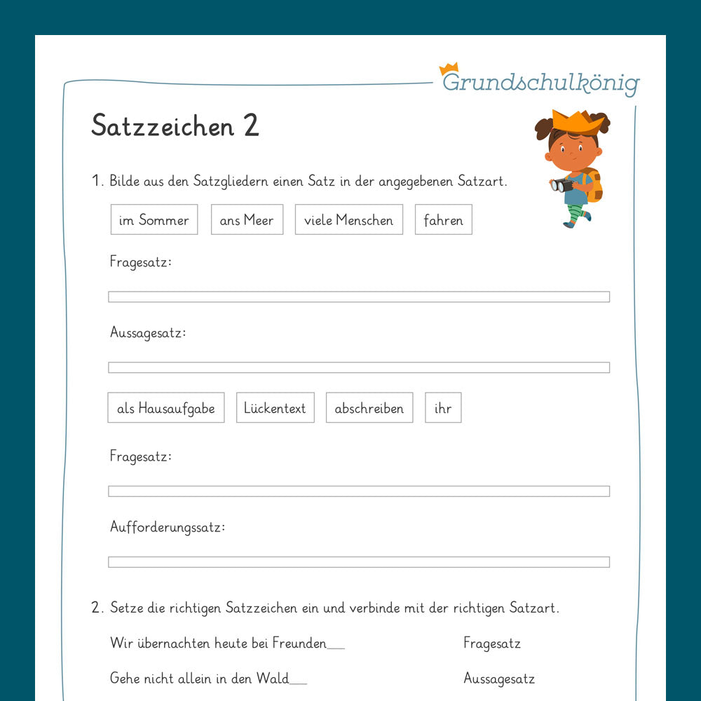 Königspaket: Satzarten, Satzzeichen, wörtl. Rede (Deutsch, 3. Klasse) - inklusive Test