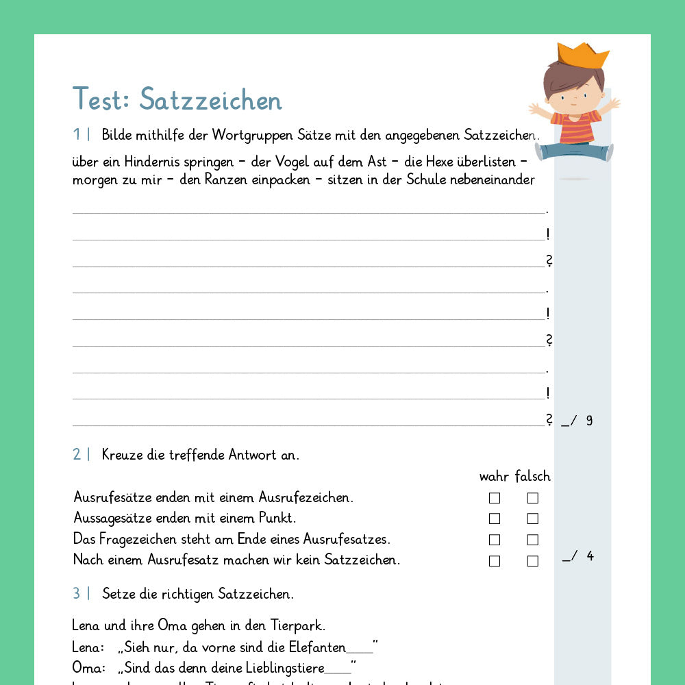 Königspaket: Satzarten, Satzzeichen, wörtl. Rede (Deutsch, 3. Klasse) - inklusive Test