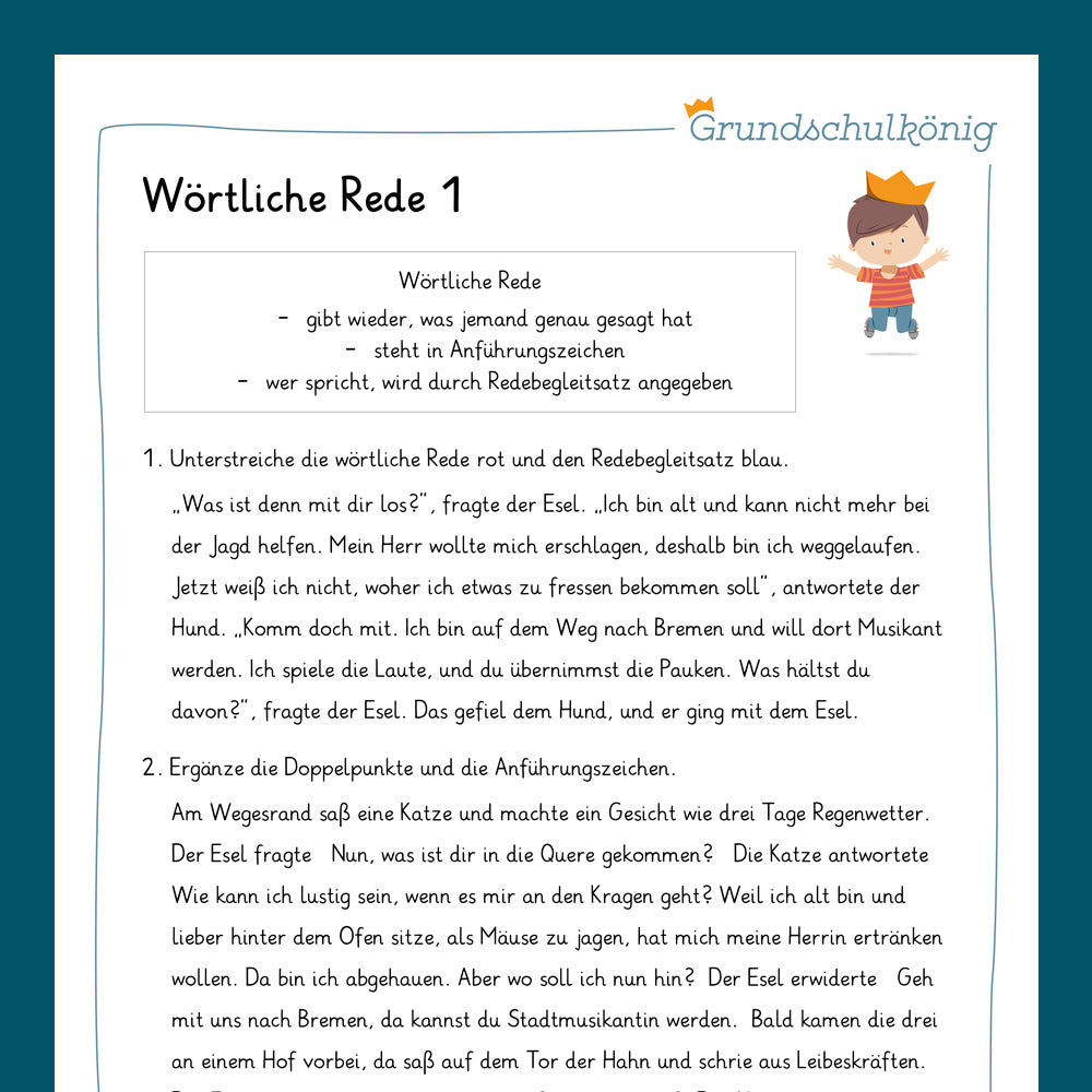 Königspaket: Wörtliche Rede / Redebegleitsatz (Deutsch, 3. Klasse) - inklusive Test
