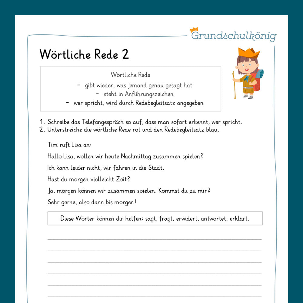 Königspaket: Wörtliche Rede / Redebegleitsatz (Deutsch, 3. Klasse) - inklusive Test
