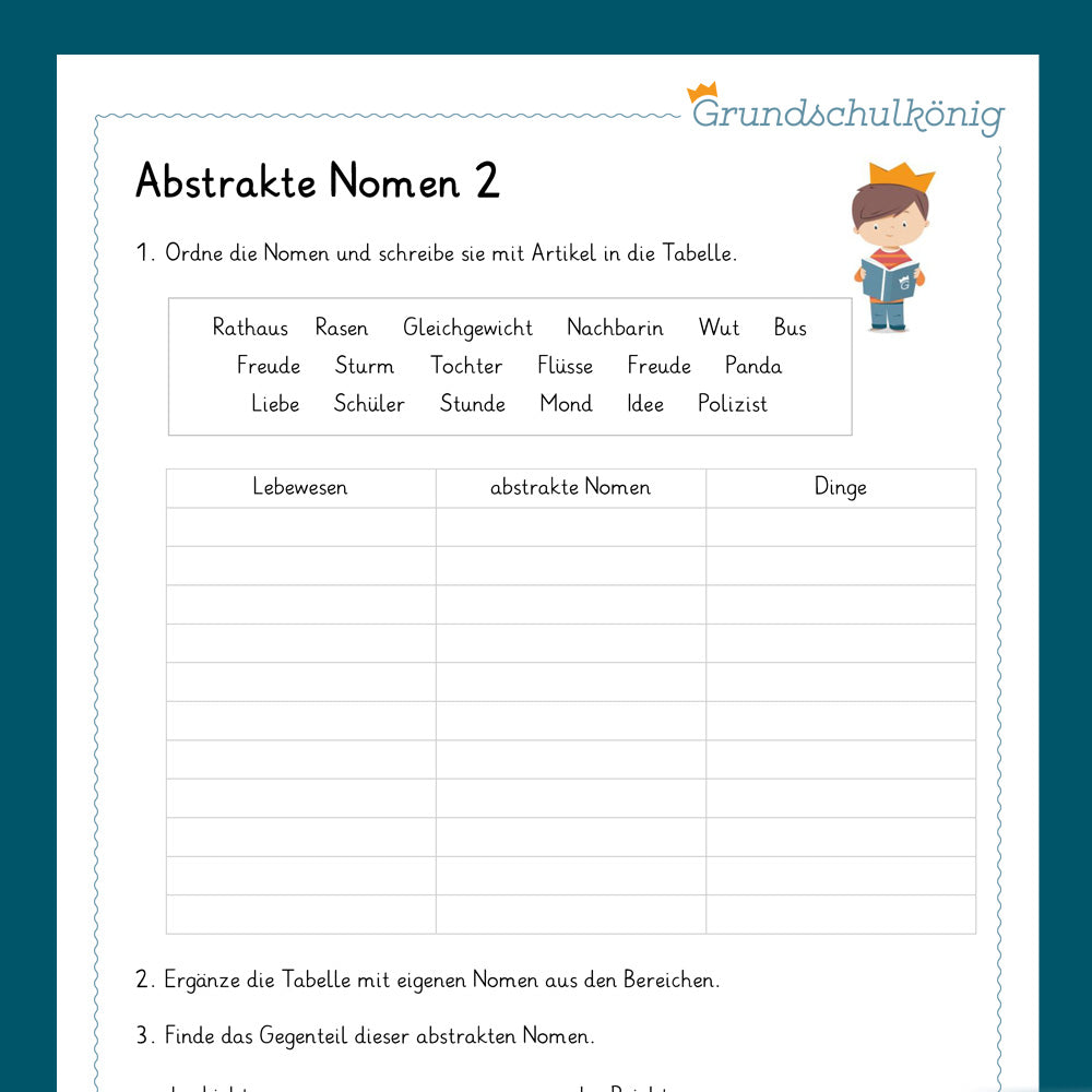 Königspaket: Abstrakte Nomen (Deutsch, 4. Klasse) - inklusive Test