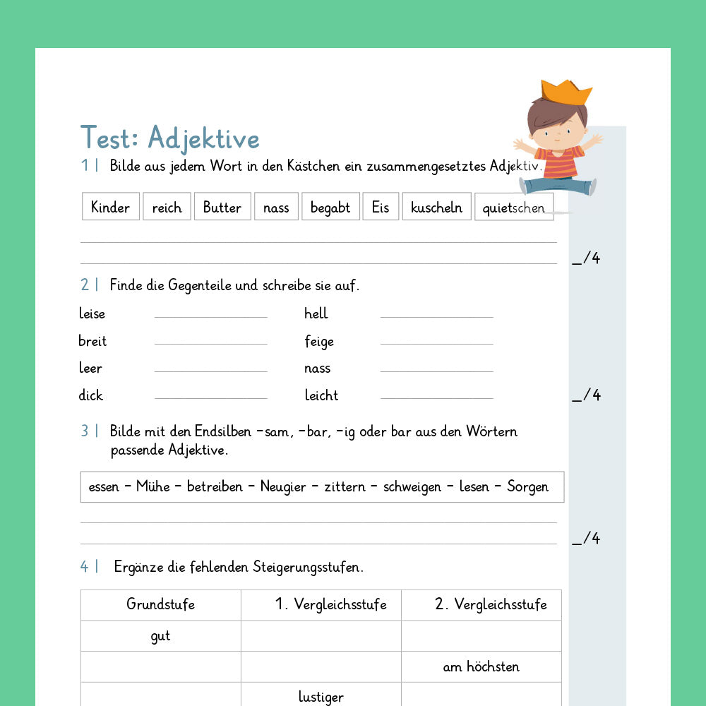 Königspaket: Adjektive (Deutsch, 4. Klasse) - inklusive Test