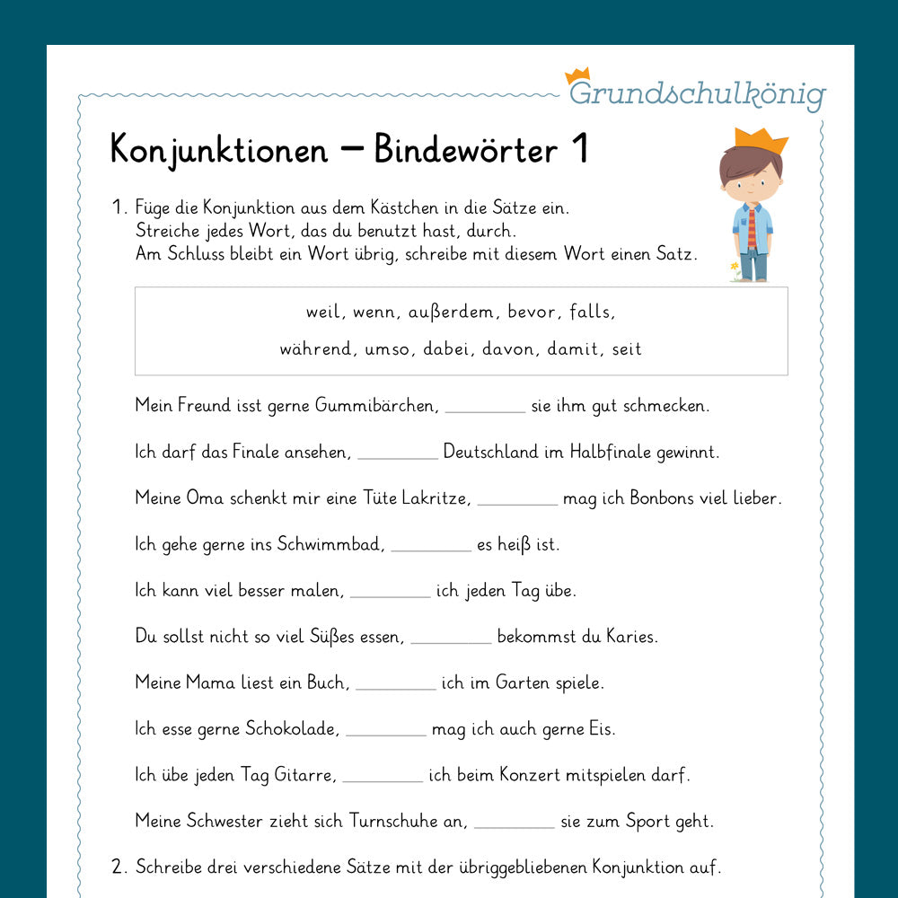 Königspaket: Bindewörter / Konjunktionen (Deutsch, 4. Klasse) - inklusive Test