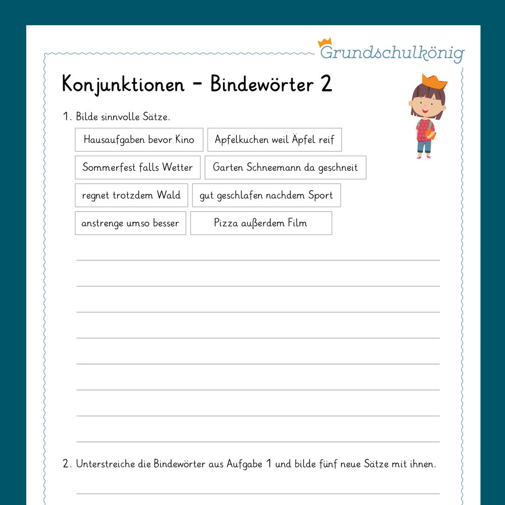 Königspaket: Bindewörter / Konjunktionen (Deutsch, 4. Klasse) - inklusive Test