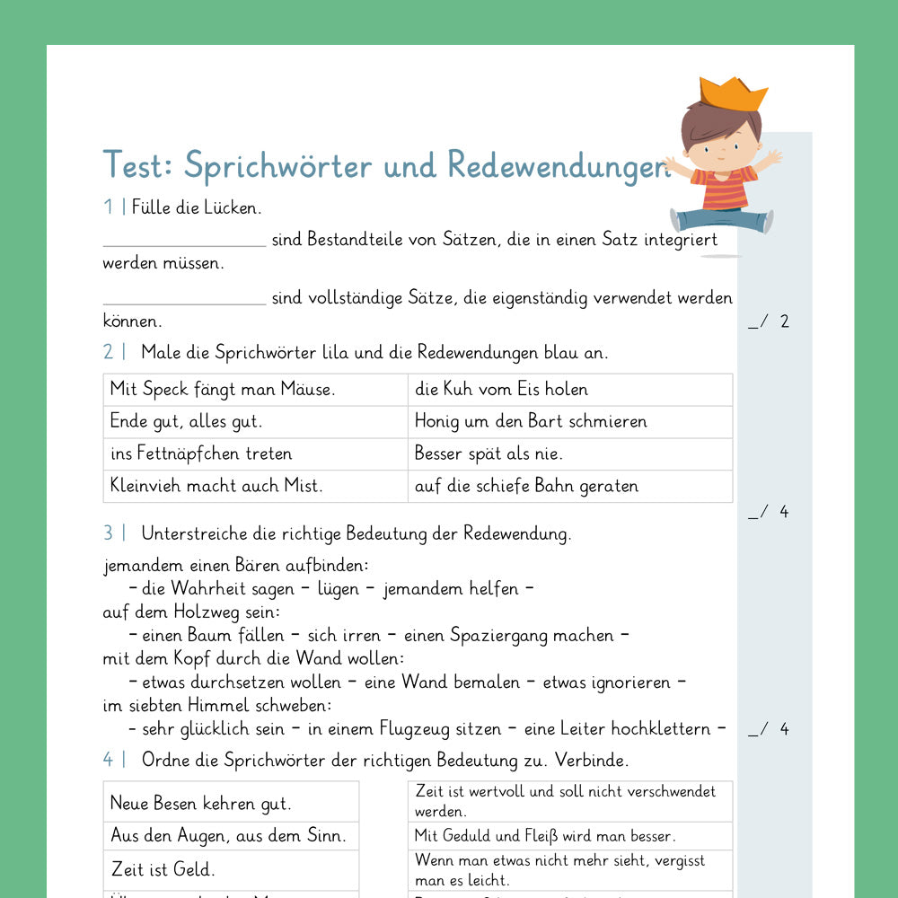 Königspaket: Sprichwörter & Redewendungen (Deutsch, 4. Klasse) - inklusive Test