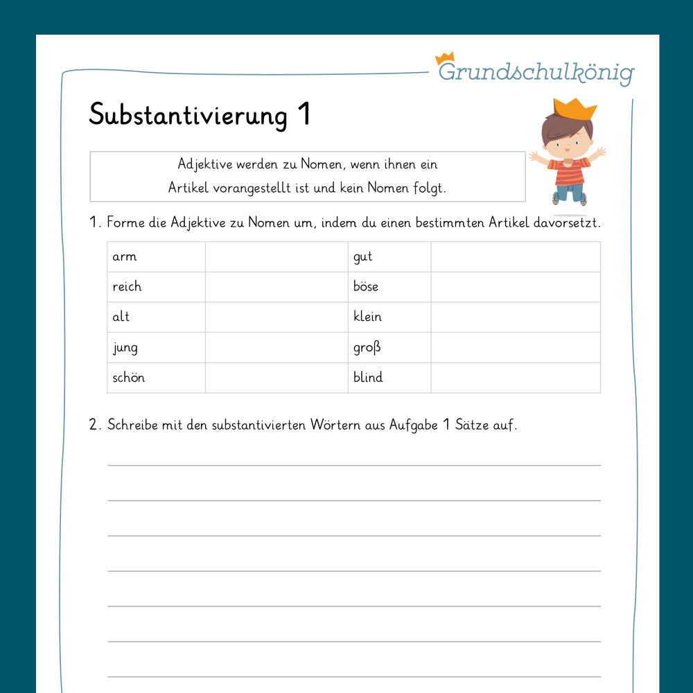 Königspaket: Substantivierung von Adjektiven (Deutsch, 4. Klasse) - inklusive Test