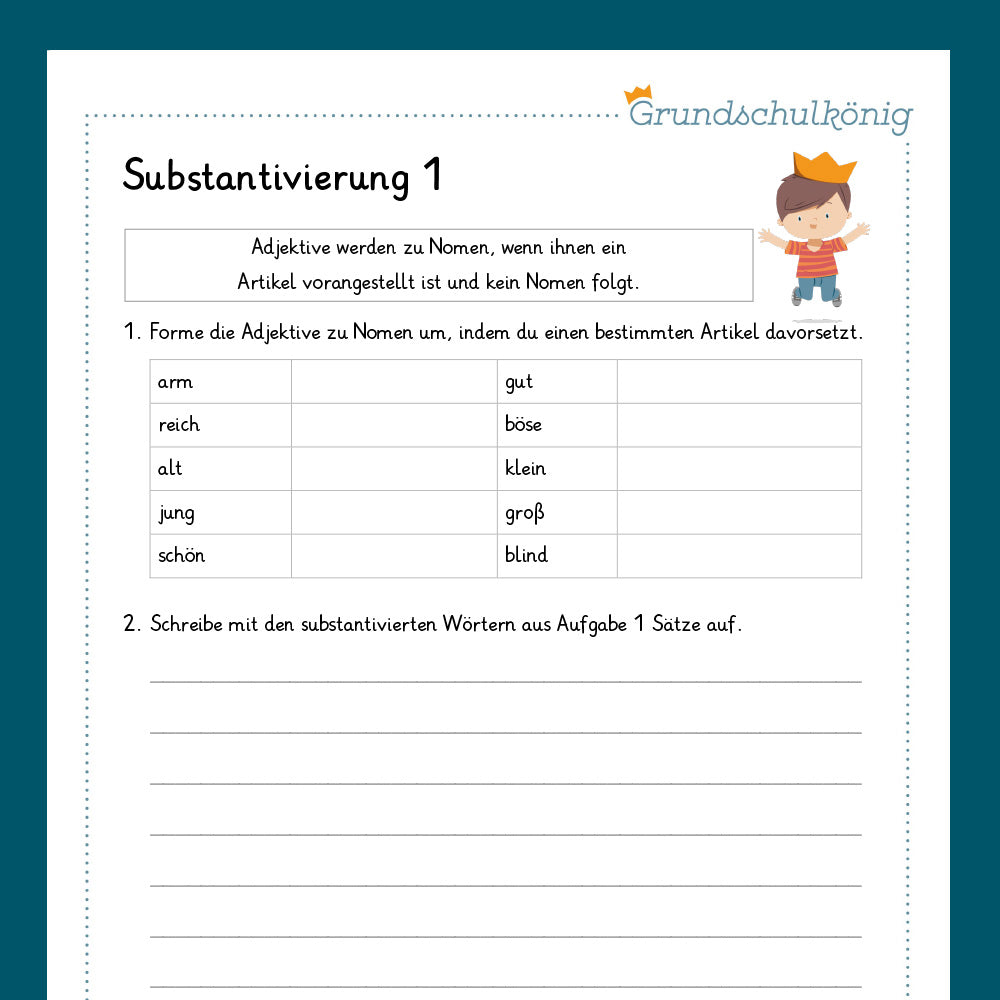 Königspaket: Substantivierung von Adjektiven (Deutsch, 4. Klasse) - inklusive Test!