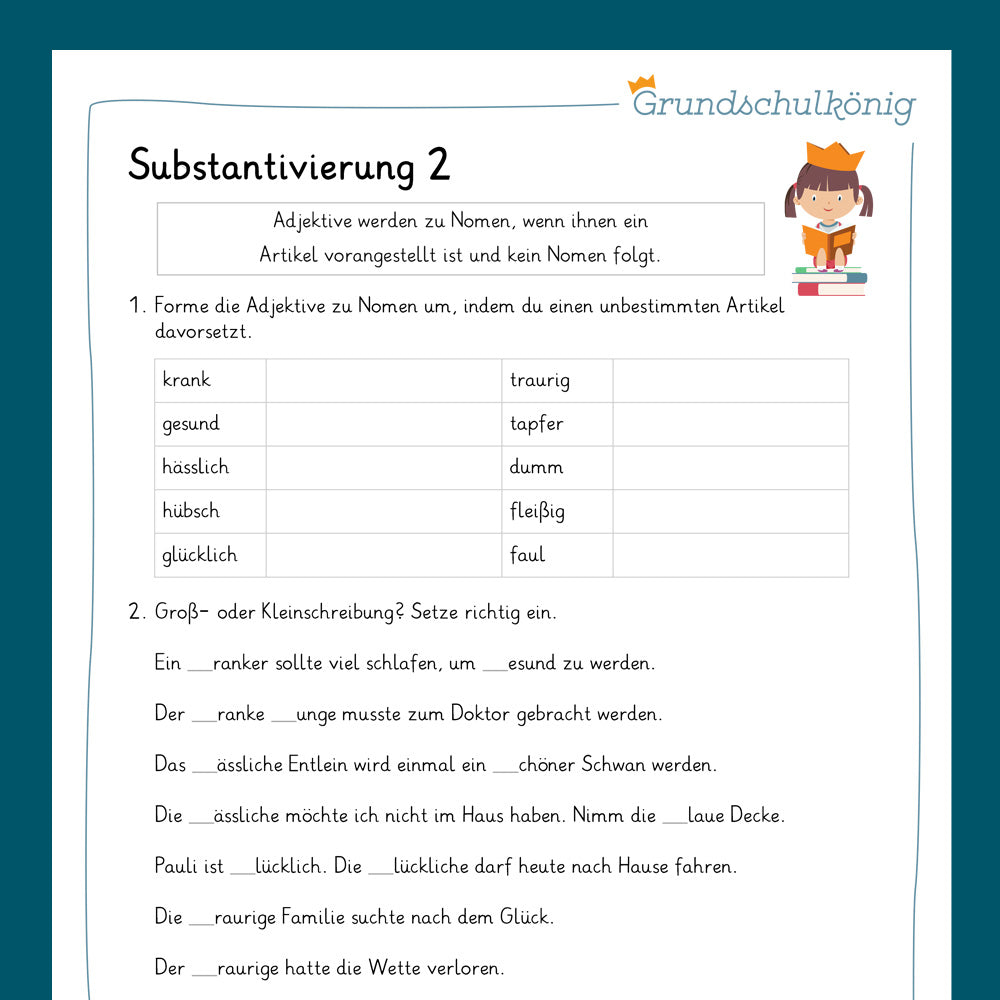 Königspaket: Substantivierung von Adjektiven (Deutsch, 4. Klasse) - inklusive Test