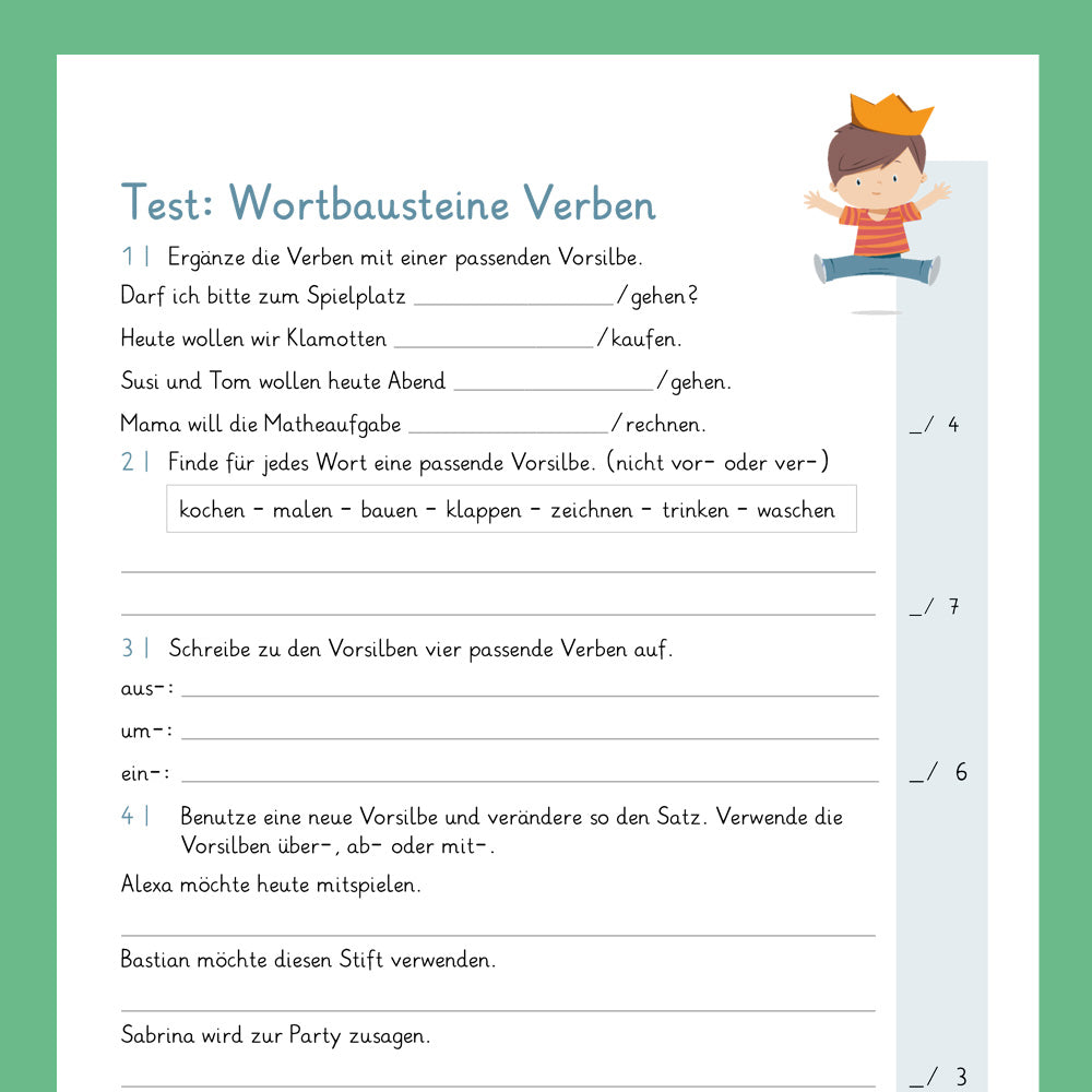 Königspaket: Wortbausteine bei Verben (Deutsch, 4. Klasse) - inklusive Test