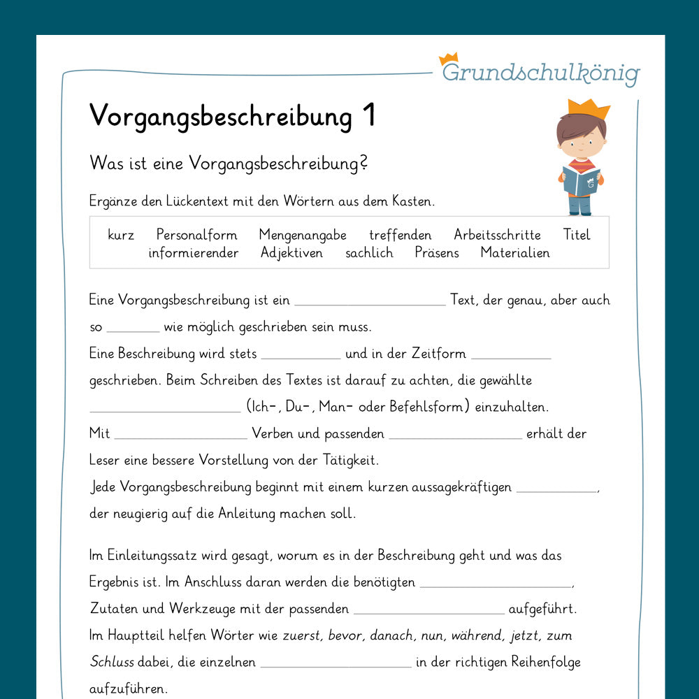 Königspaket: Vorgangsbeschreibung (Deutsch, 4. Klasse) - inklusive Test