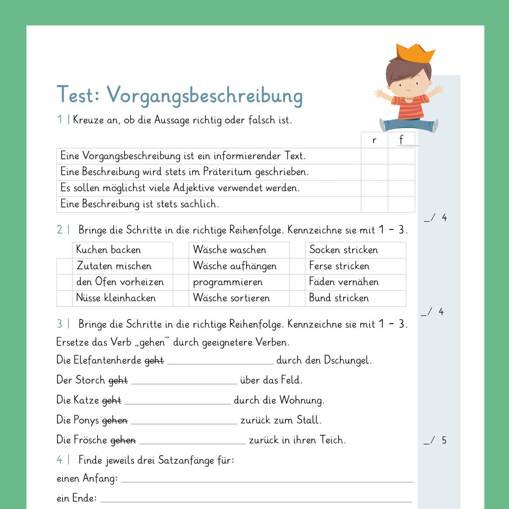 Königspaket: Vorgangsbeschreibung (Deutsch, 4. Klasse) - inklusive Test