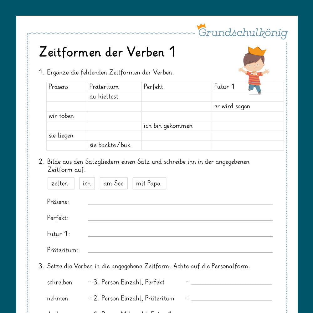 Königspaket: Gemischte Übungen zu den Zeitformen der Verben (Deutsch, 4. Klasse) - inklusive Test