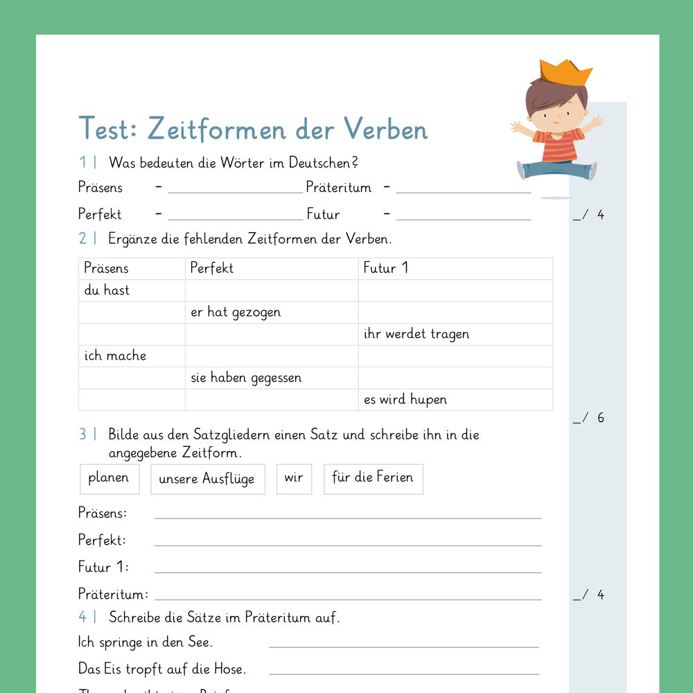 Königspaket: Gemischte Übungen zu den Zeitformen der Verben (Deutsch, 4. Klasse) - inklusive Test