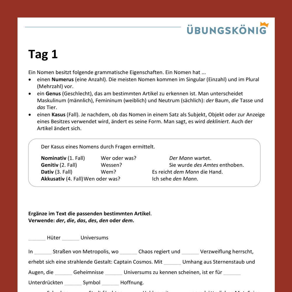 Intensivtraining: Die 4 Fälle des Nomens (Deutsch, 5. & 6. Klasse)