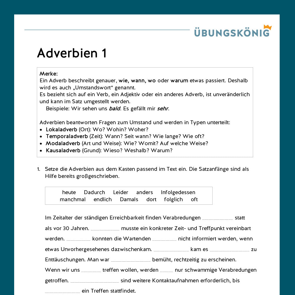 Königspaket: Adverbien (Deutsch, Wortarten) - inklusive Test