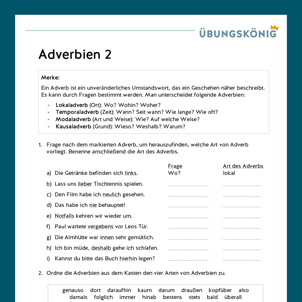 Königspaket: Adverbien (Deutsch, Wortarten) - inklusive Test