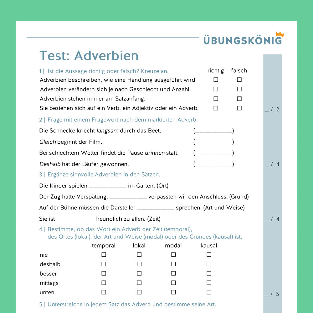 Königspaket: Adverbien (Deutsch, Wortarten) - inklusive Test