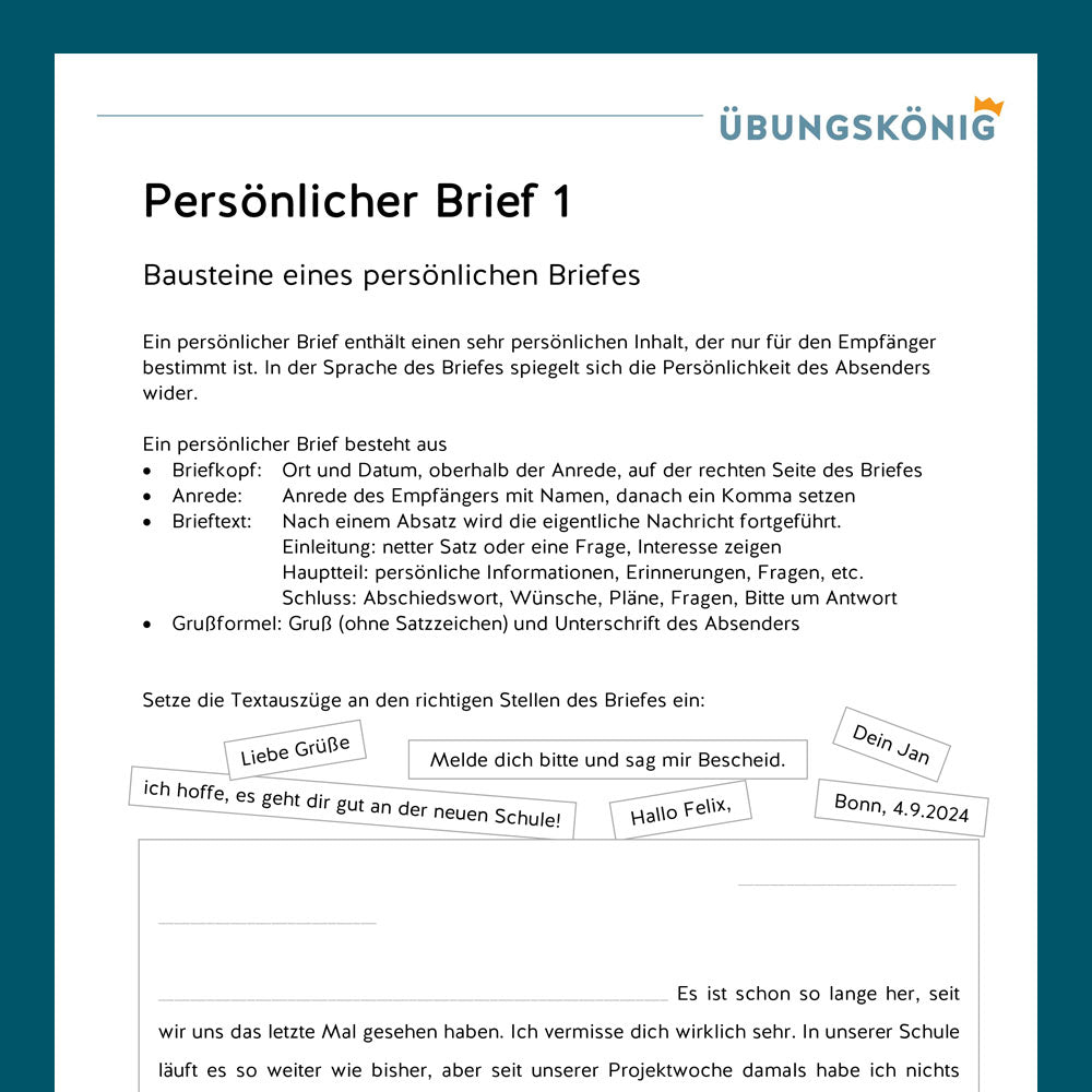 Königspaket: Briefe schreiben - Persönlicher Brief (Deutsch, 5. Klasse) - inklusive Test