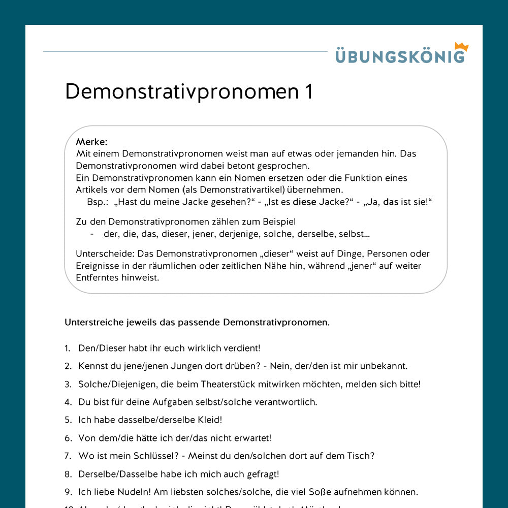 Königspaket: Wortarten - Demonstrativpronomen (Deutsch, 5. Klasse)