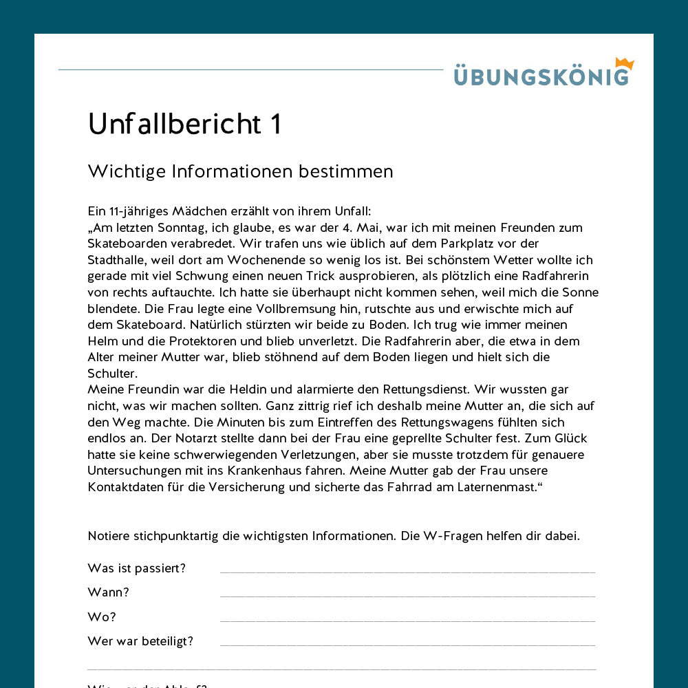 Königspaket: Unfallbericht (Deutsch, 5. Klasse) - inklusive Test!