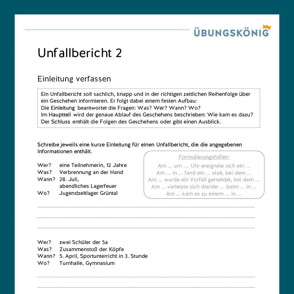 Königspaket: Unfallbericht (Deutsch, 5. Klasse) - inklusive Test!