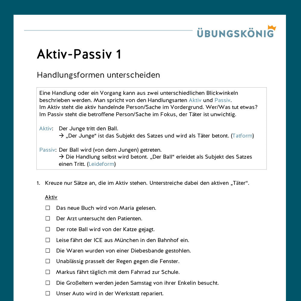 Königspaket: Aktiv - Passiv - inklusive Test (Deutsch, 6. & 7. Klasse)