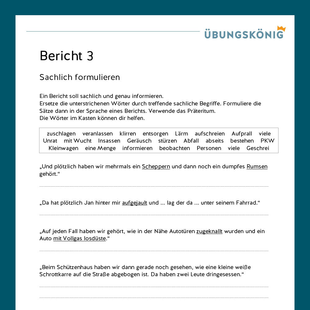 Königspaket: Bericht schreiben (Deutsch, 6. Klasse) - inklusive Test!