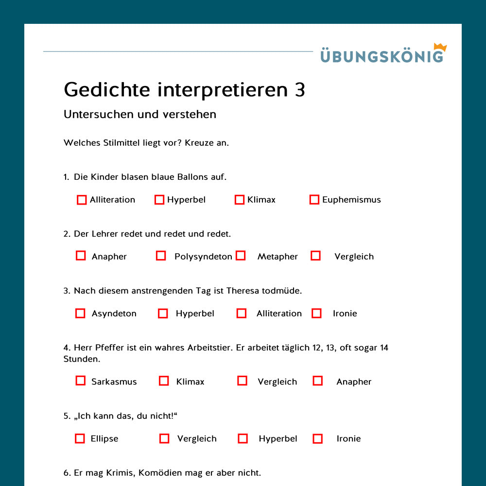 Königspaket: Gedichtinterpretation (Deutsch, 7. Klasse)