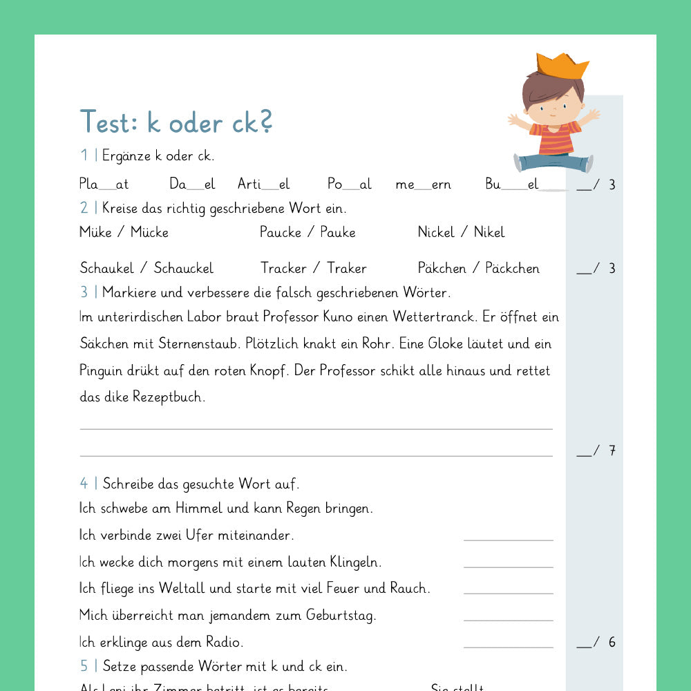 Königspaket: Rechtschreibung - k oder ck? (Deutsch, 3. & 4. Klasse) - inklusive Test
