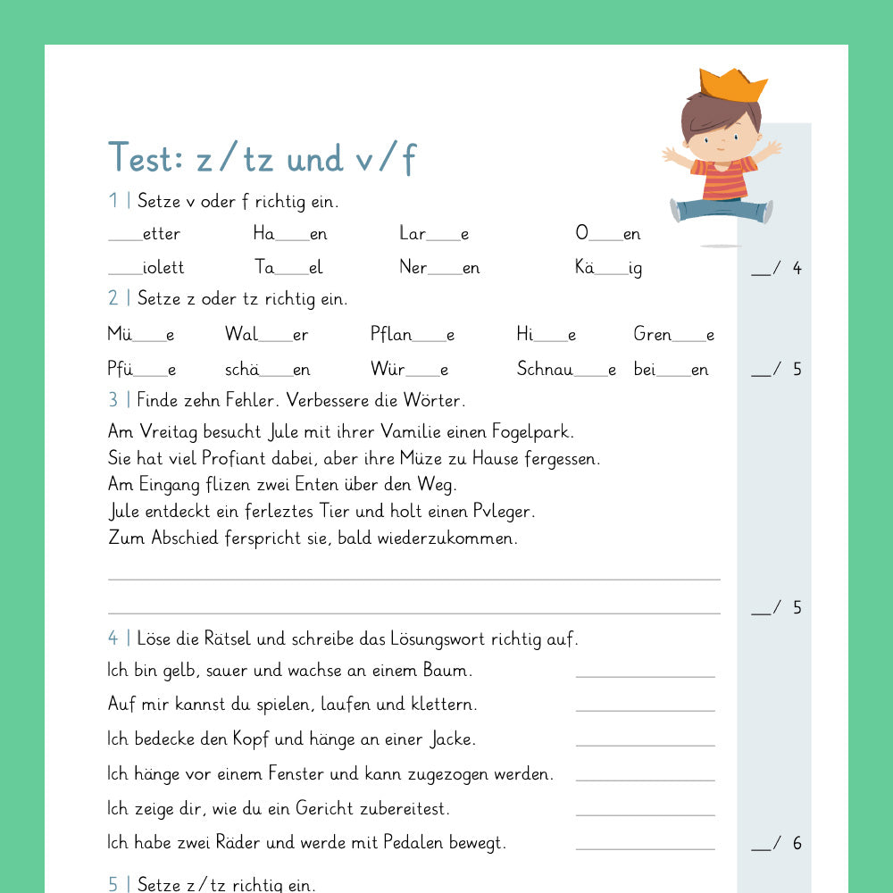 Königspaket: Rechtschreibung - v oder f / z oder tz? (Deutsch, 3. & 4. Klasse) - inklusive Test