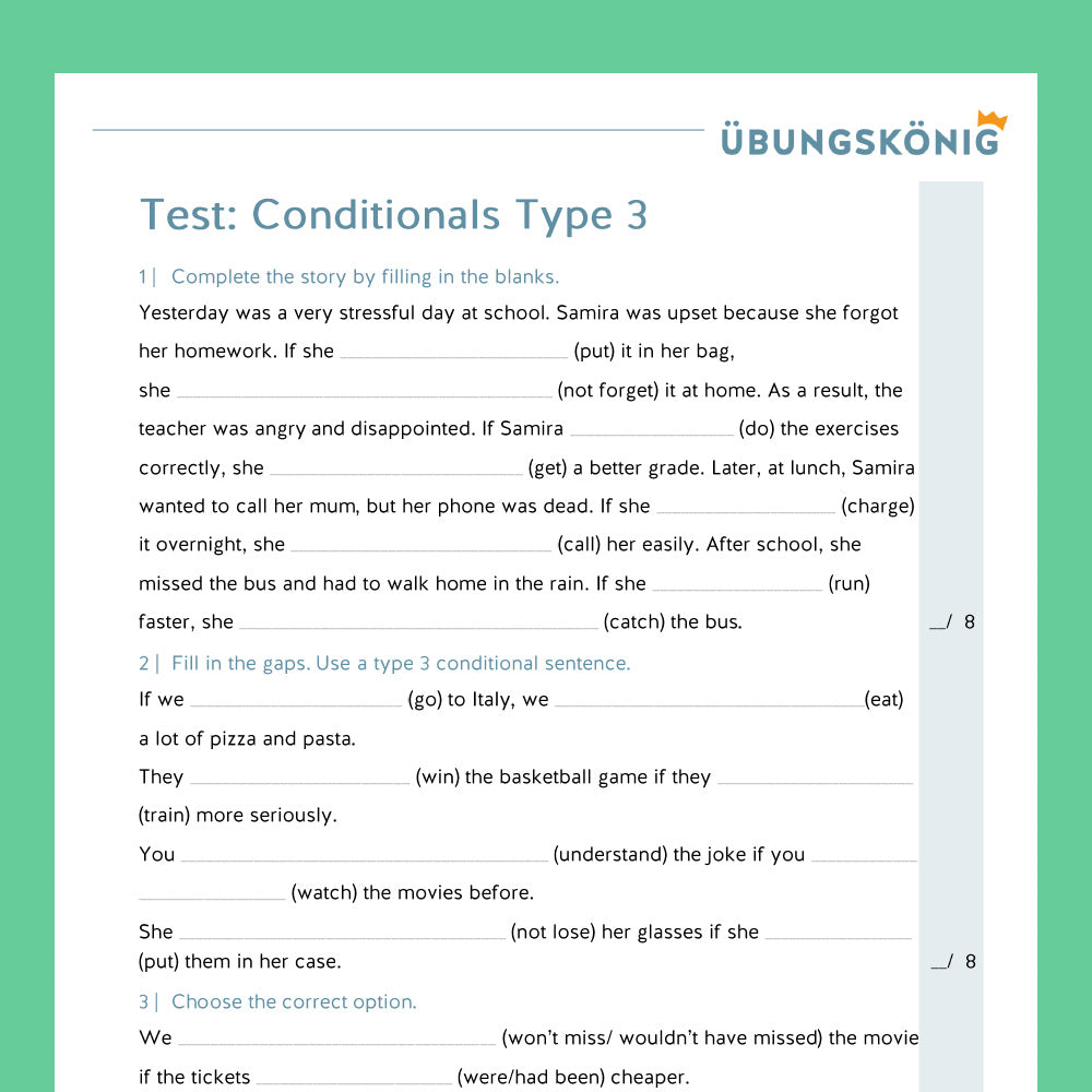 Königspaket: Conditionals Type 3  - If Clauses Type 3 (Englisch, 7. Klasse) - inklusive Test
