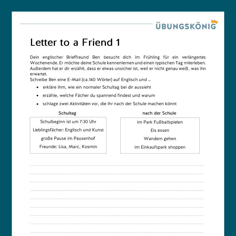 Königspaket: Letter to a friend (Text Production - Englisch, 6. & 7. Klasse)