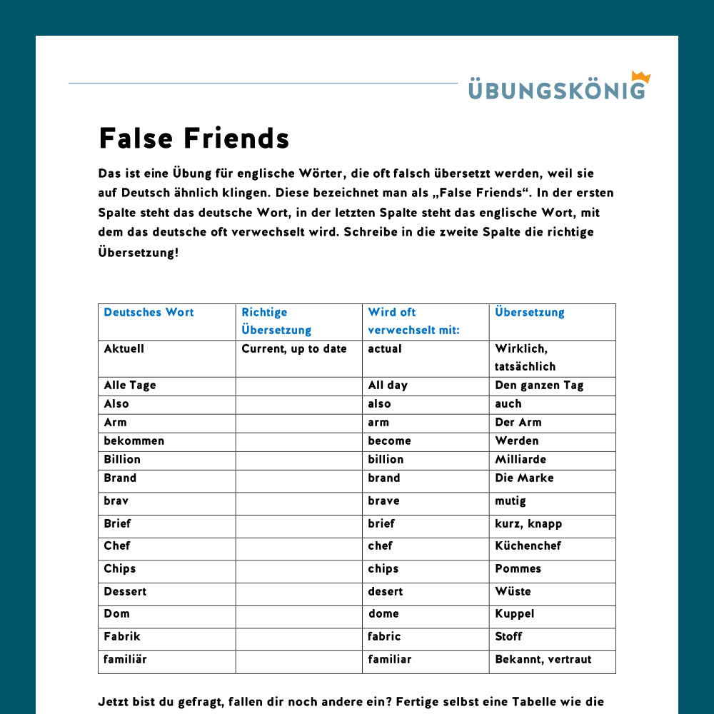 Königspaket: "False Friends" (English, Vocabulary) + Übersichtstabelle