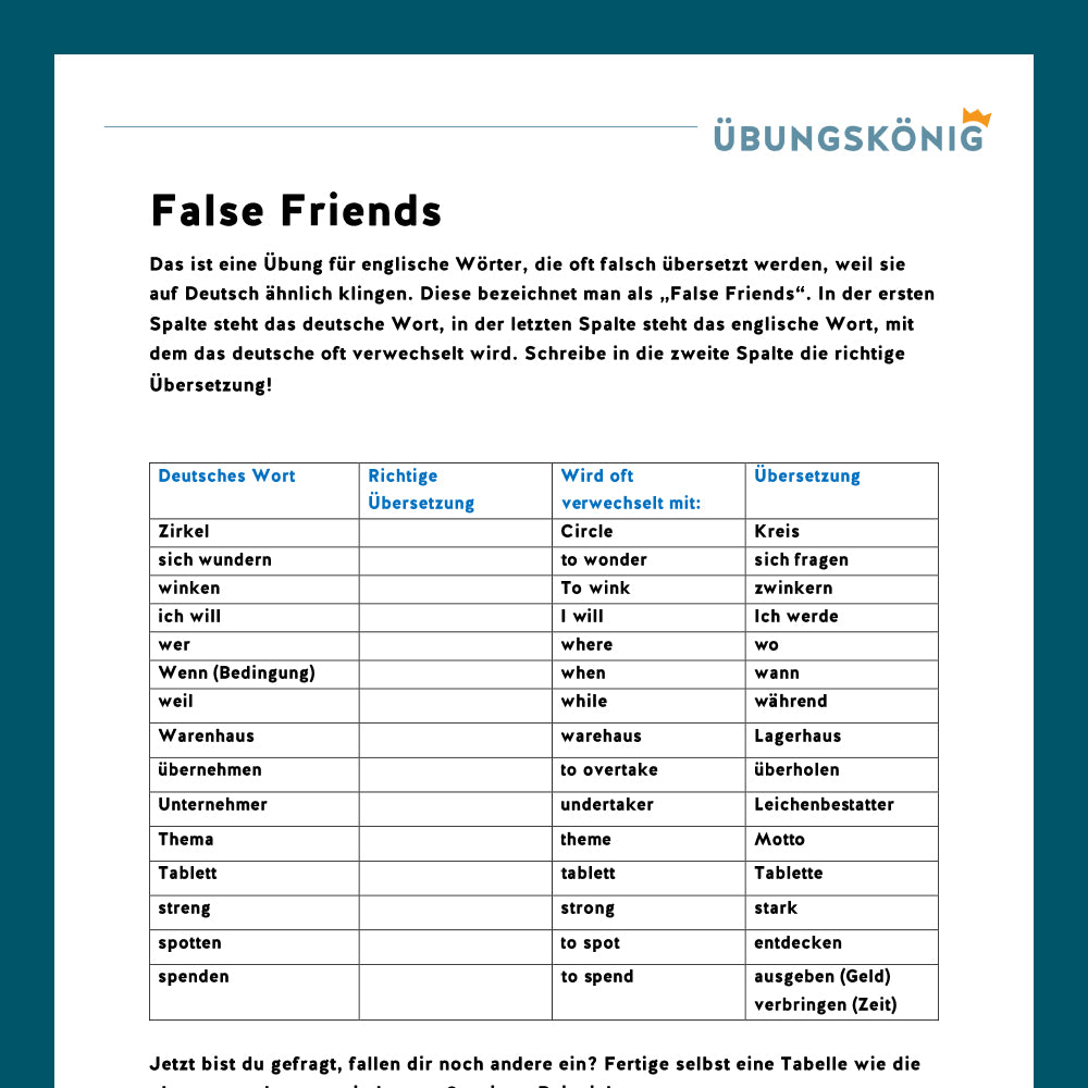 Königspaket: "False Friends" (English, Vocabulary) + Übersichtstabelle