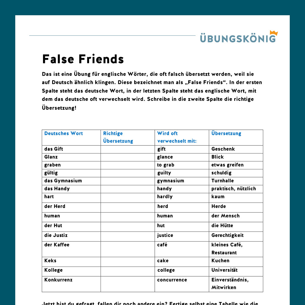 Königspaket: "False Friends" (English, Vocabulary) + Übersichtstabelle