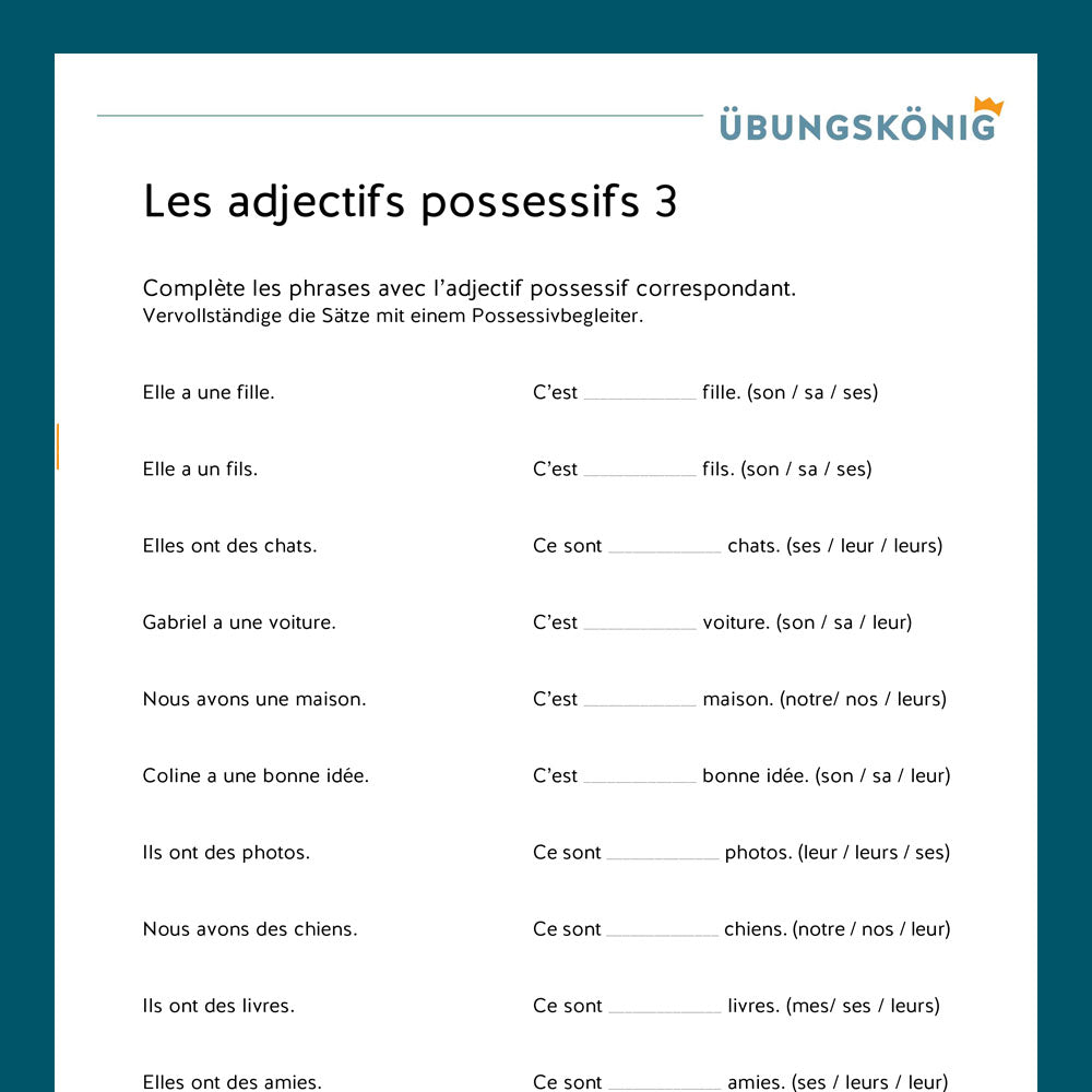 Königspaket: Possesivpronomen - Le adjectifs possessifs (Französisch, 1. Lernjahr) - inklusive Test!