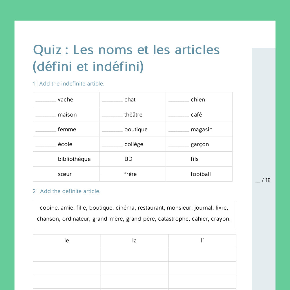 Master Bundle: Les noms & les articles (French 1rst Year) - includes Quiz