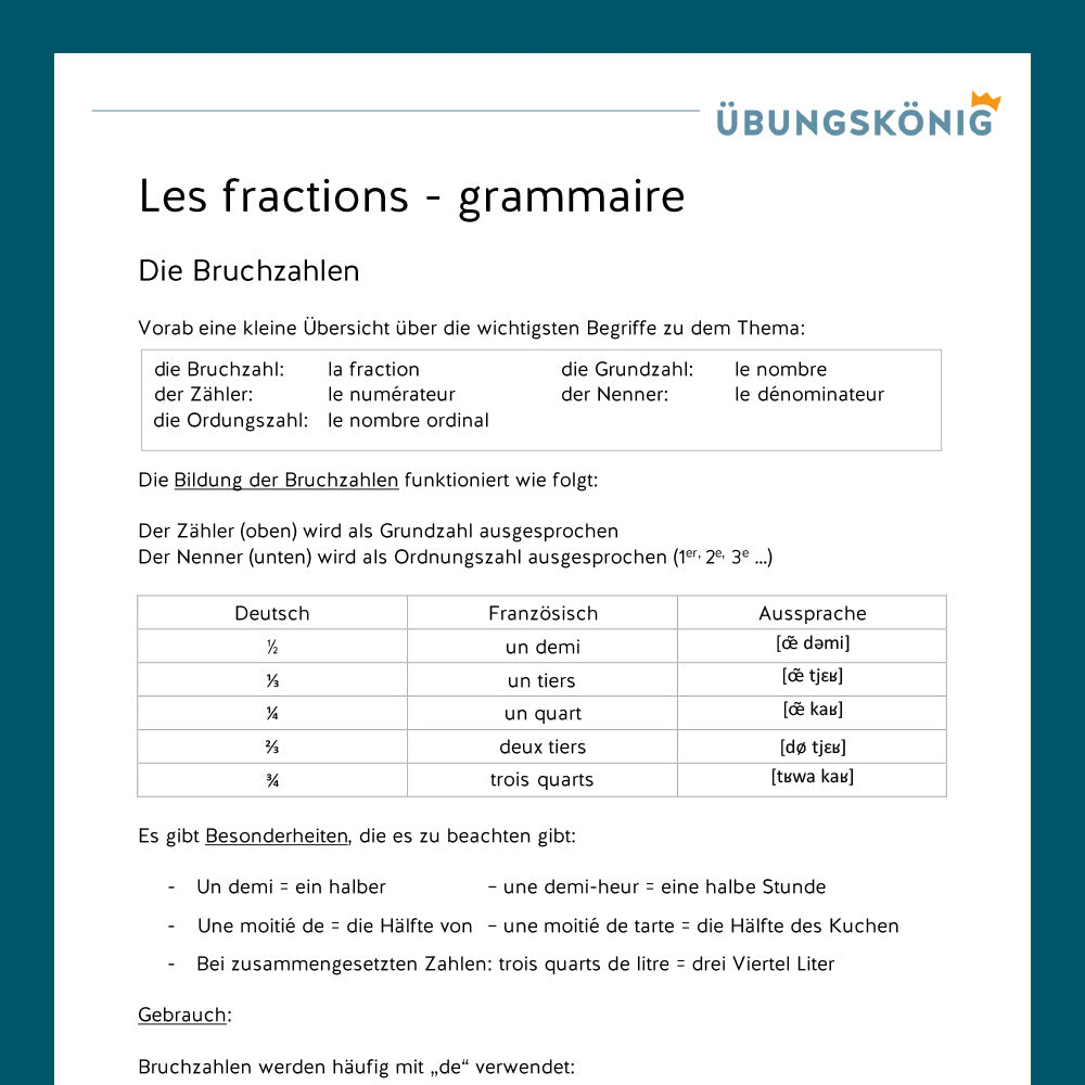 Königspaket: les fractions - die Bruchzahlen (Französisch, 2. Lernjahr) - inklusive Test