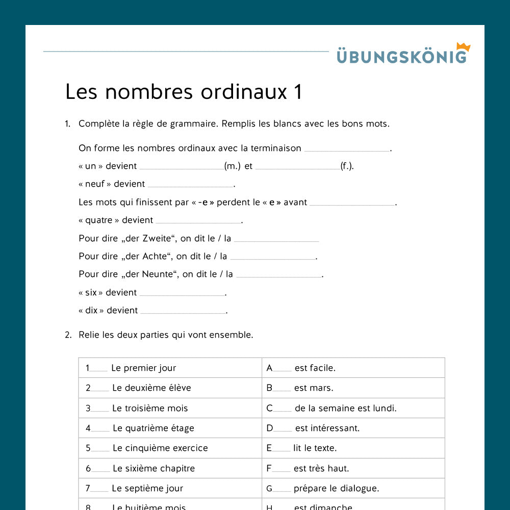 Königspaket: les nombres ordinaux - Ordnungszahlen (Französisch, 2. Lernjahr) - inklusive Test