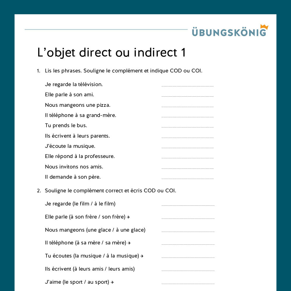Königspaket: l'objet direct ou indirect (Französisch, 2. Lernjahr) - inklusive Test