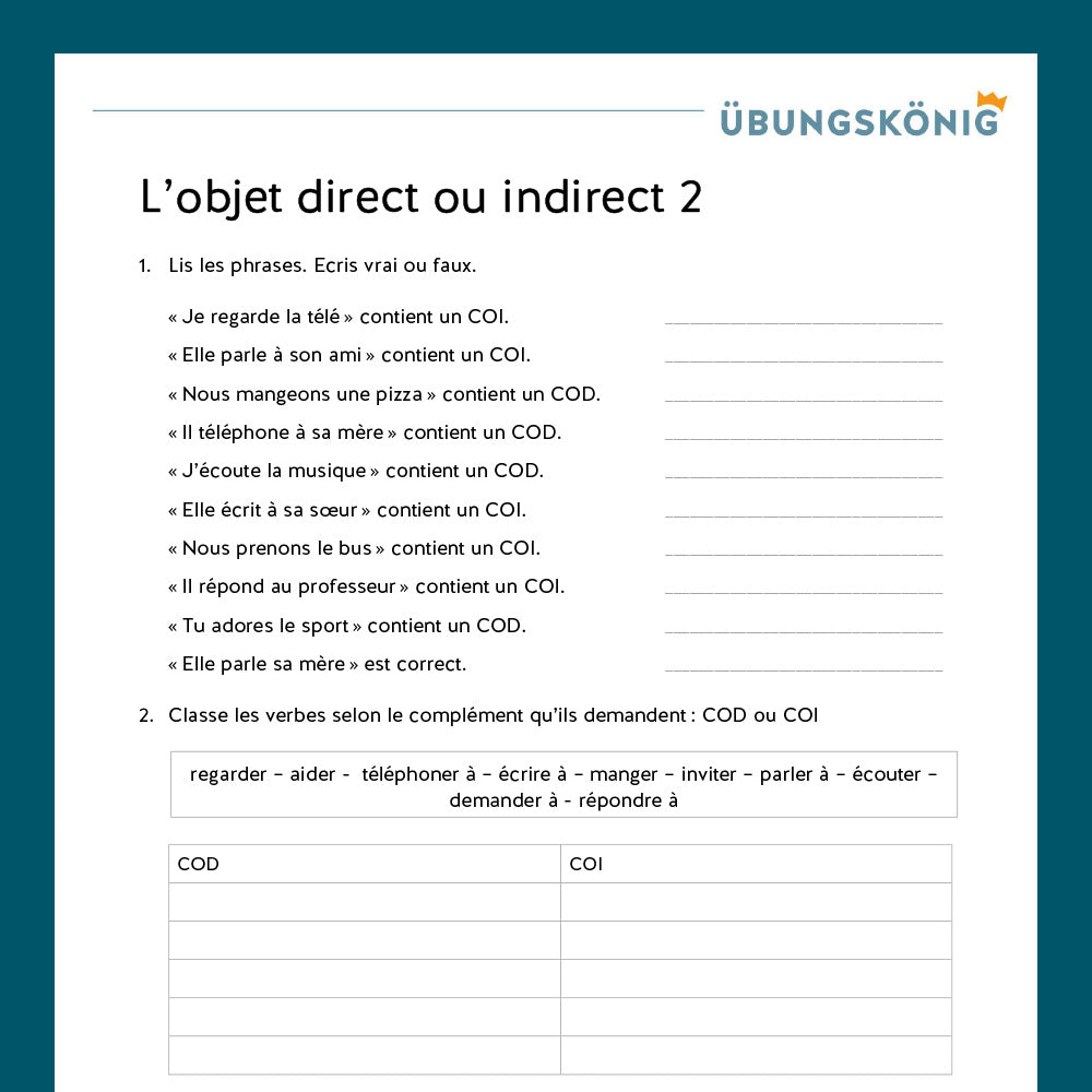 Königspaket: l'objet direct ou indirect (Französisch, 2. Lernjahr) - inklusive Test