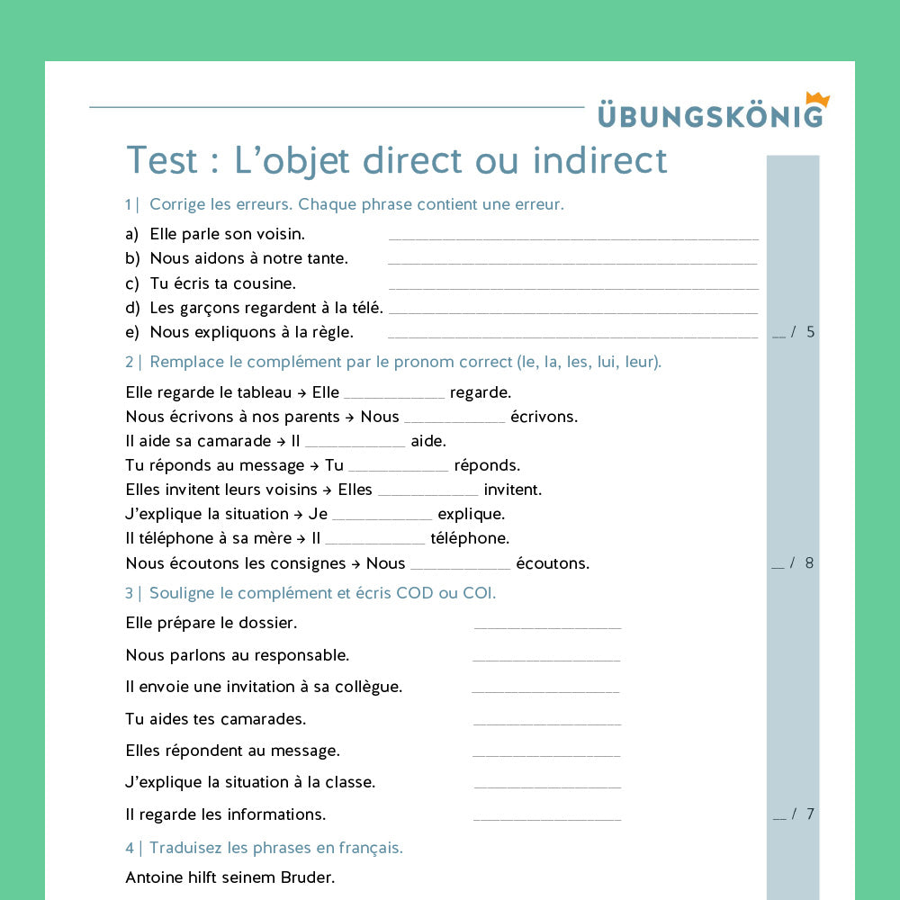 Königspaket: l'objet direct ou indirect (Französisch, 2. Lernjahr) - inklusive Test
