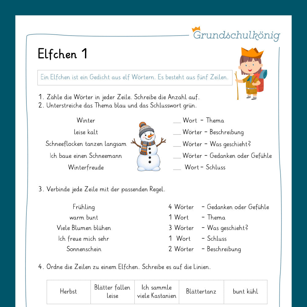 Königspaket: Gedichtform Elfchen (Deutsch, 2. & 3. Klasse) - inklusive Test