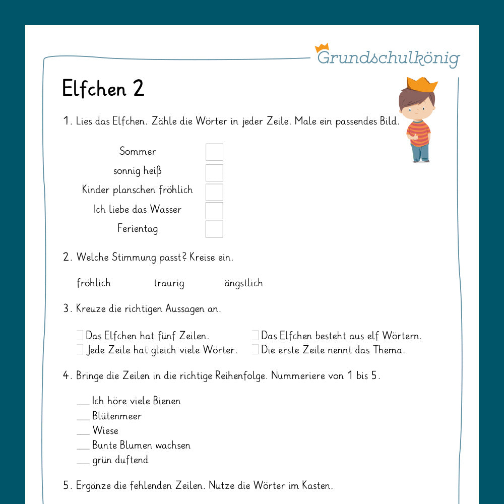 Königspaket: Gedichtform Elfchen (Deutsch, 2. & 3. Klasse) - inklusive Test