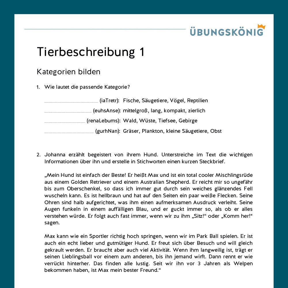 Königspaket: Tierbeschreibung (Deutsch, 5. Klasse) - inklusive Test!