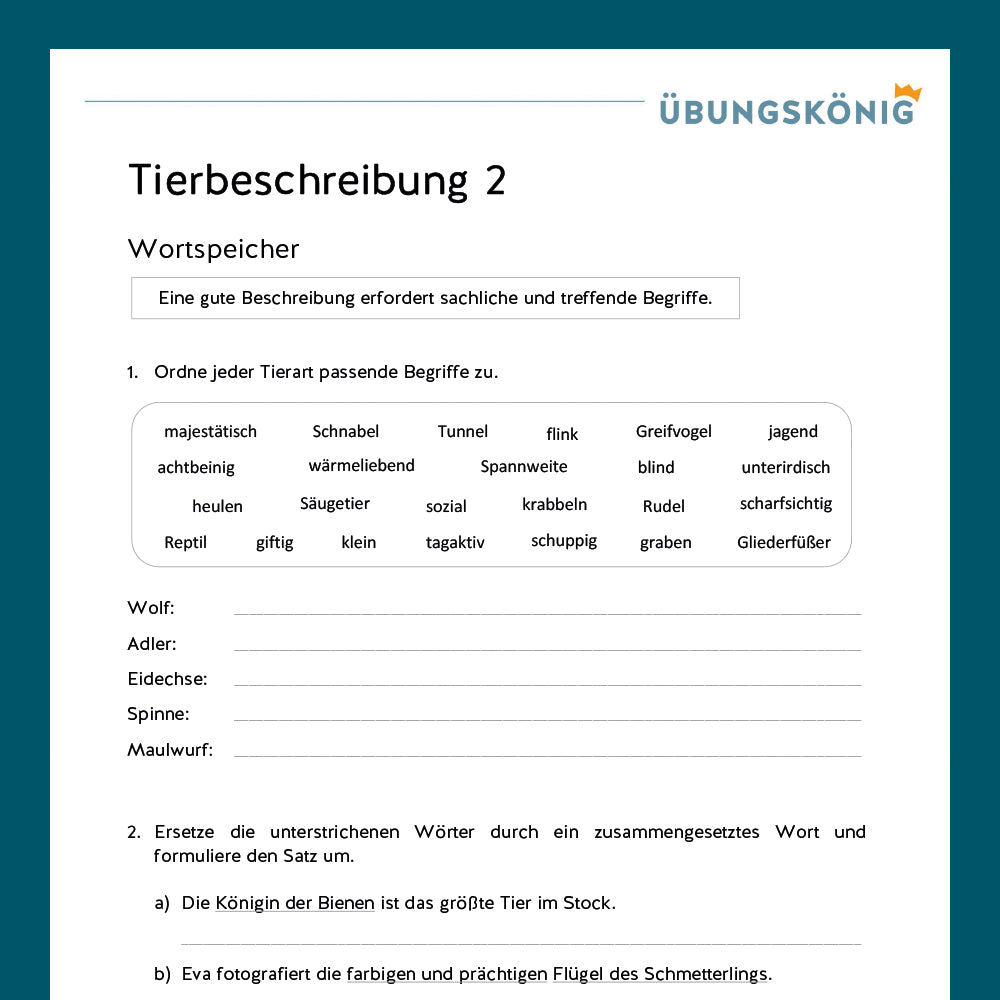 Königspaket: Tierbeschreibung (Deutsch, 5. Klasse) - inklusive Test!