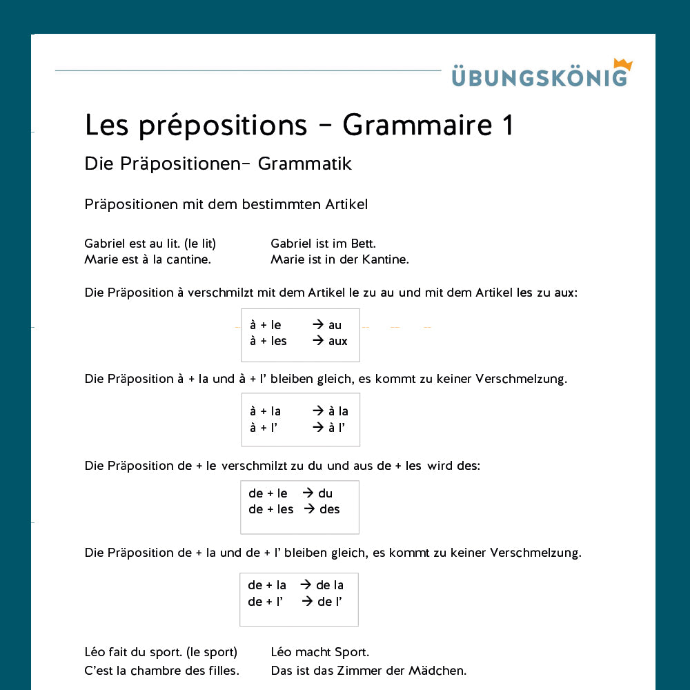 Königspaket: Präpositionen - Les Prépositions (Französisch, 1. Lernjahr) - inklusive Test!