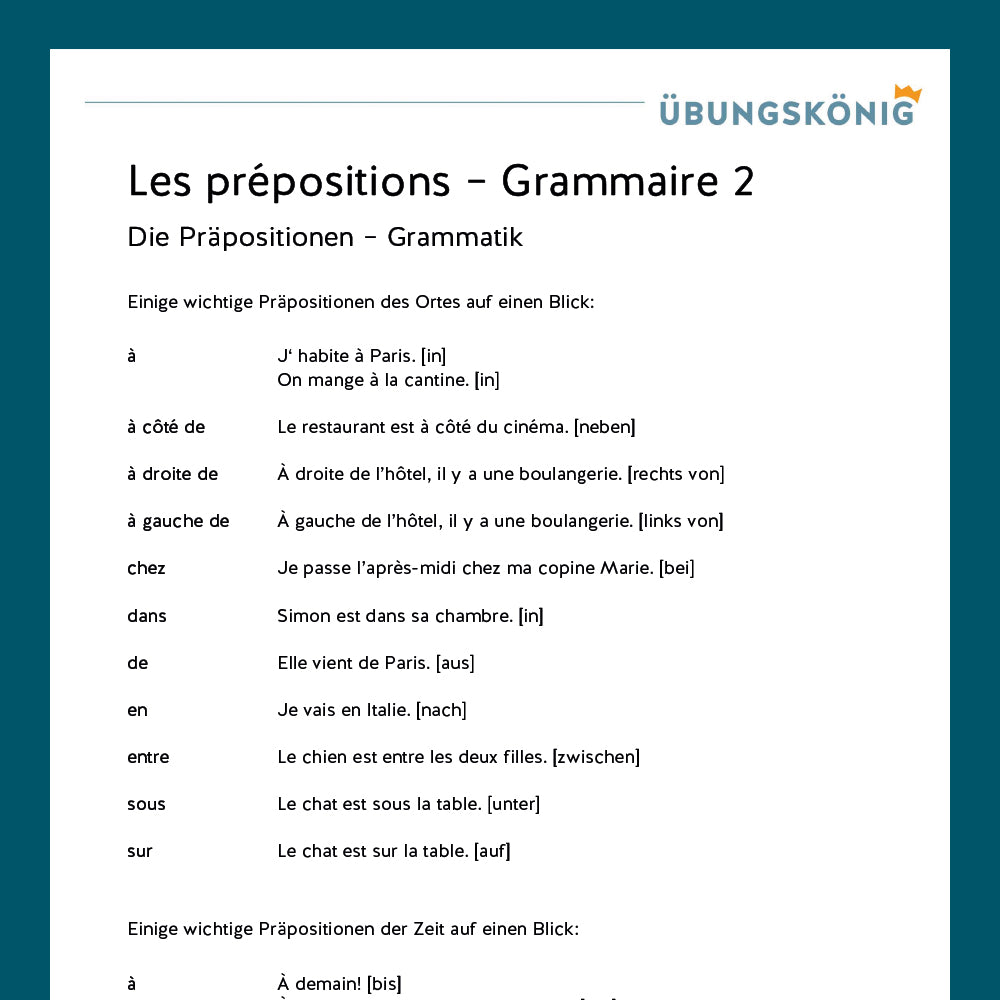 Königspaket: Präpositionen - Les Prépositions (Französisch, 1. Lernjahr) - inklusive Test!