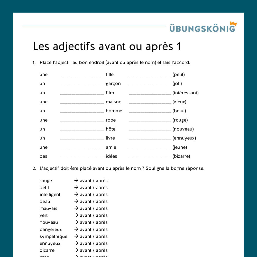 Königspaket: les adjectifs - Adjektive vor- und nachgestellt (Französisch, 2. Lernjahr) - inklusive Test