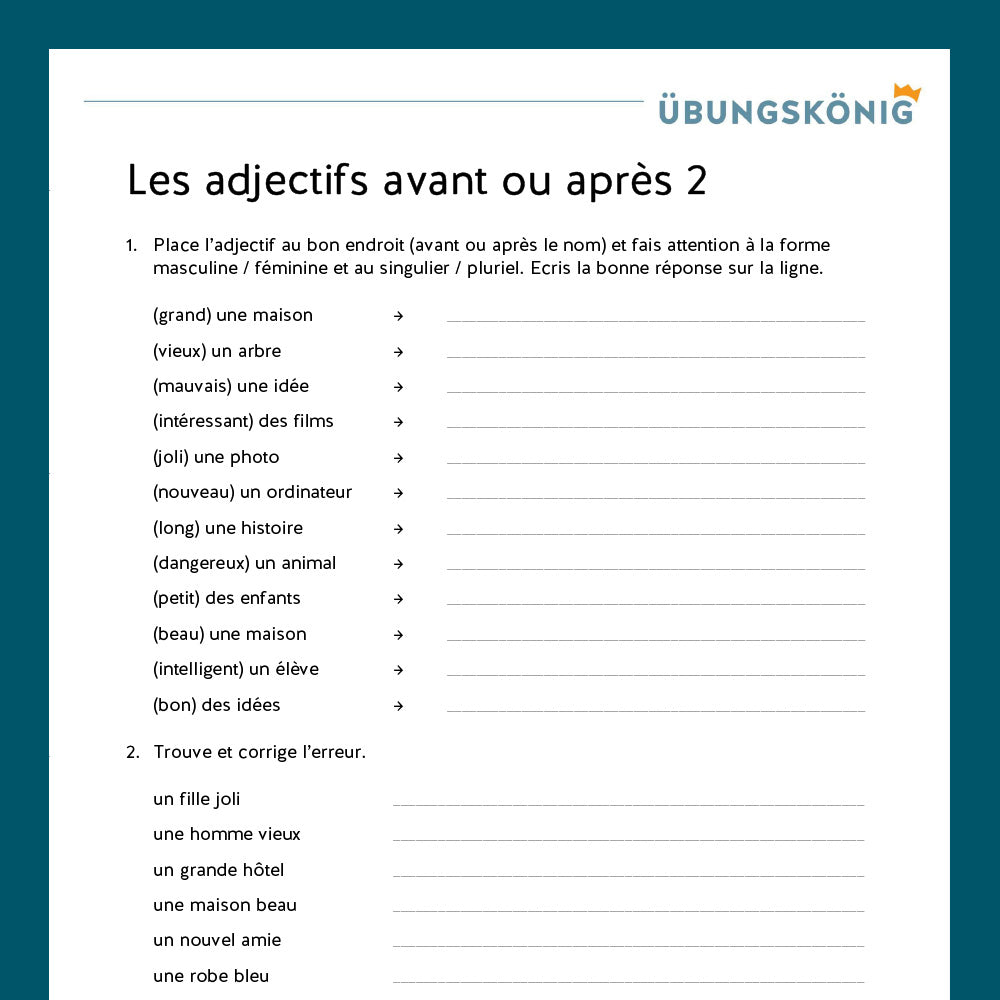 Königspaket: les adjectifs - Adjektive vor- und nachgestellt (Französisch, 2. Lernjahr) - inklusive Test